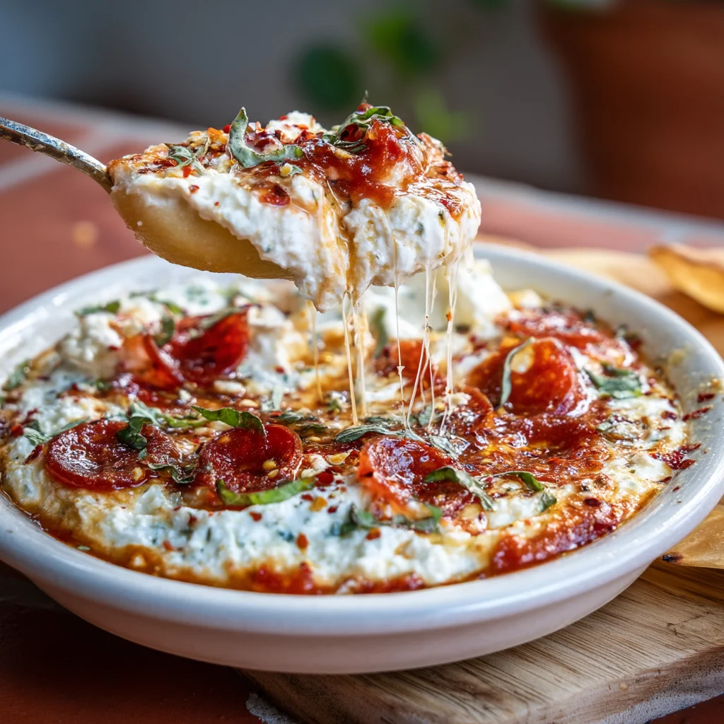 creamy cottage cheese pizza dip bubbling in ceramic dish with golden crust and fresh basil garnish