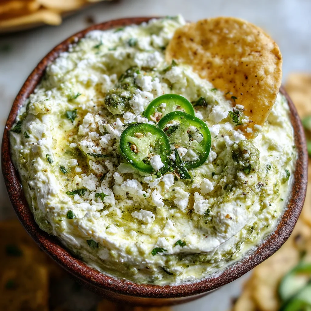 Creamy cottage cheese salsa verde dip served in a white ceramic dish with fresh herbs sprinkled on top