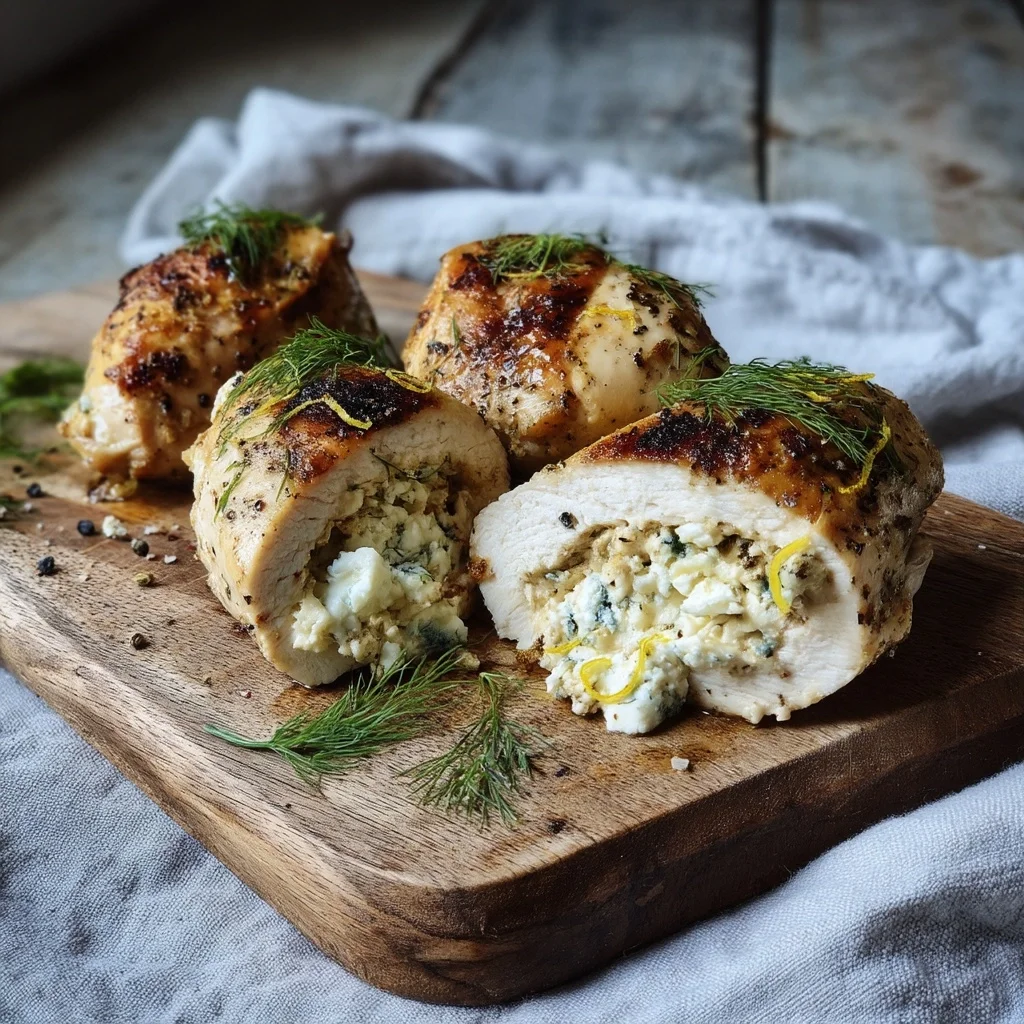 golden baked cottage cheese stuffed chicken breasts with creamy sauce, roasted potatoes, and fresh herbs