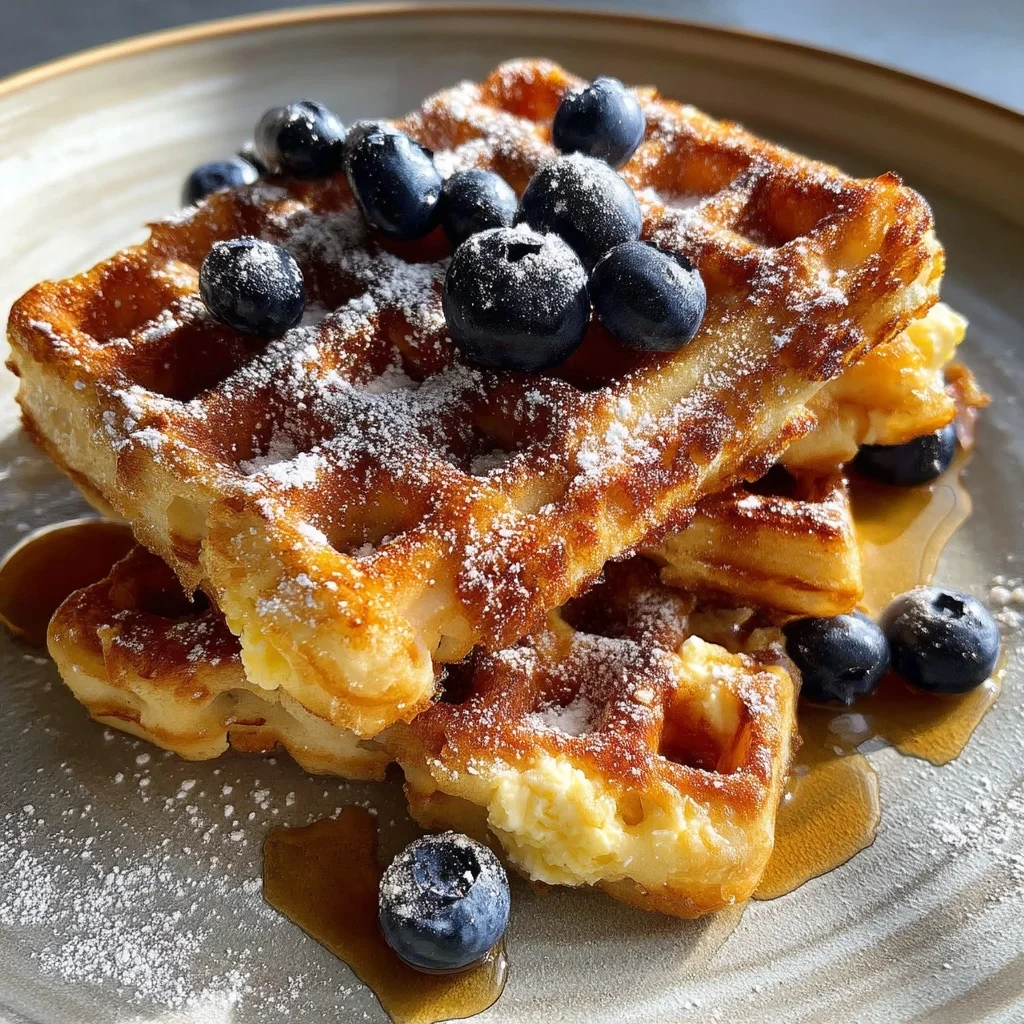 golden brown cottage cheese waffles with crispy edges, topped with fresh berries and a drizzle of maple syrup