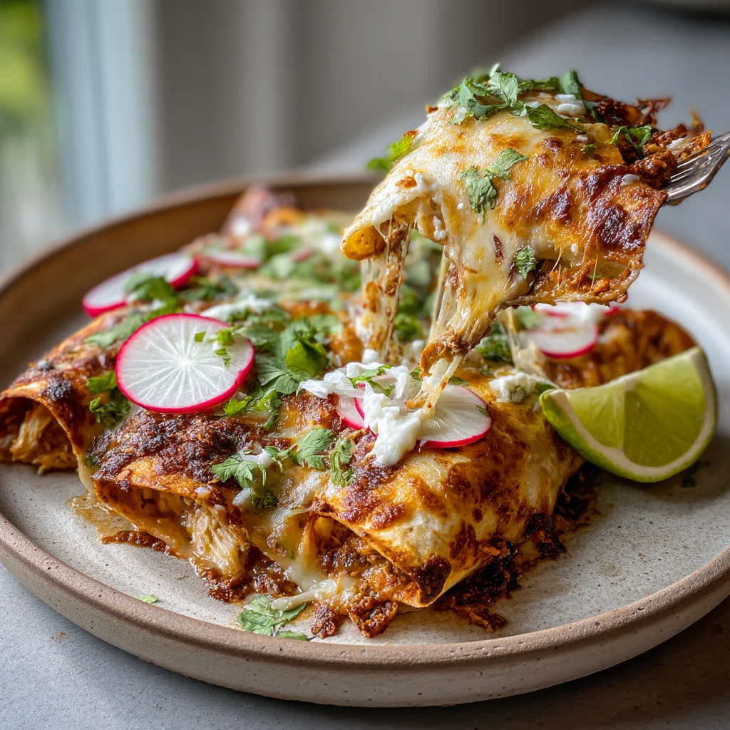 creamy CC chicken enchiladas with golden roasted edges, glossy sauce, and fresh herbs in a white ceramic dish