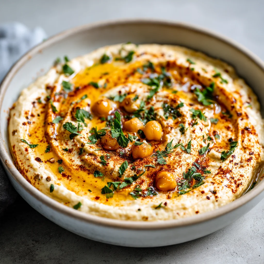 creamy cottage cheese hummus in a white ceramic bowl with golden roasted edges and fresh parsley garnish