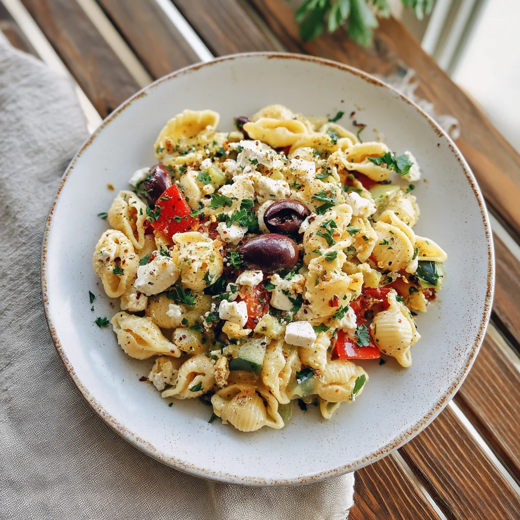 creamy mediterranean pasta salad with sun-dried tomatoes, kalamata olives and feta cheese tossed in herb dressing