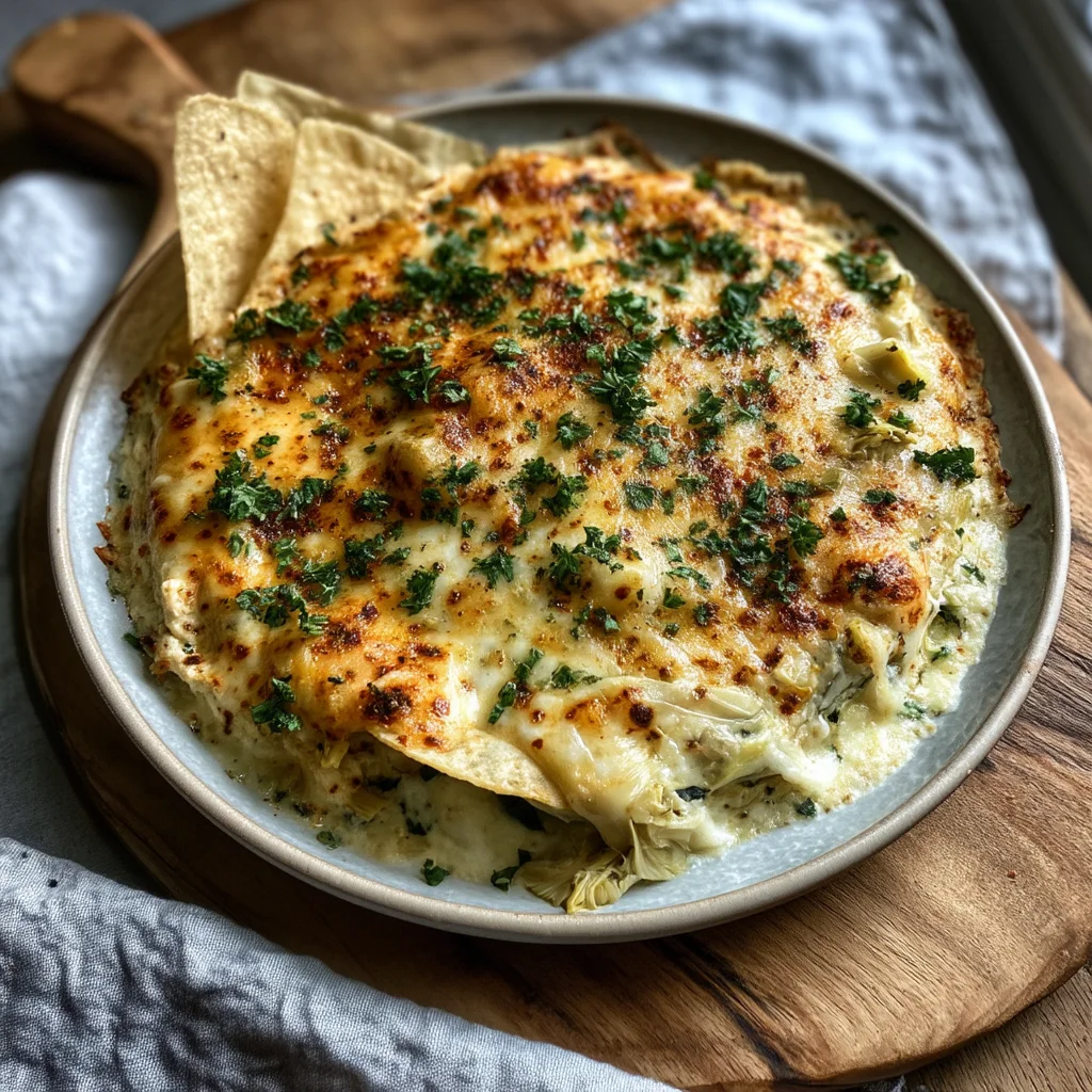 creamy spinach artichoke dip baked in a white ceramic dish with golden edges and fresh herbs