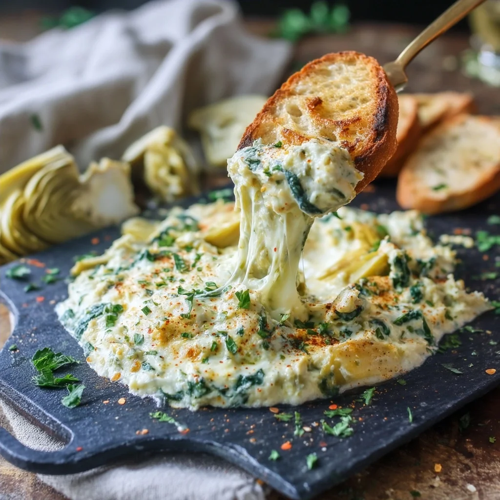 creamy spinach artichoke dip bubbling in a white ceramic dish with golden toasted cheese on top
