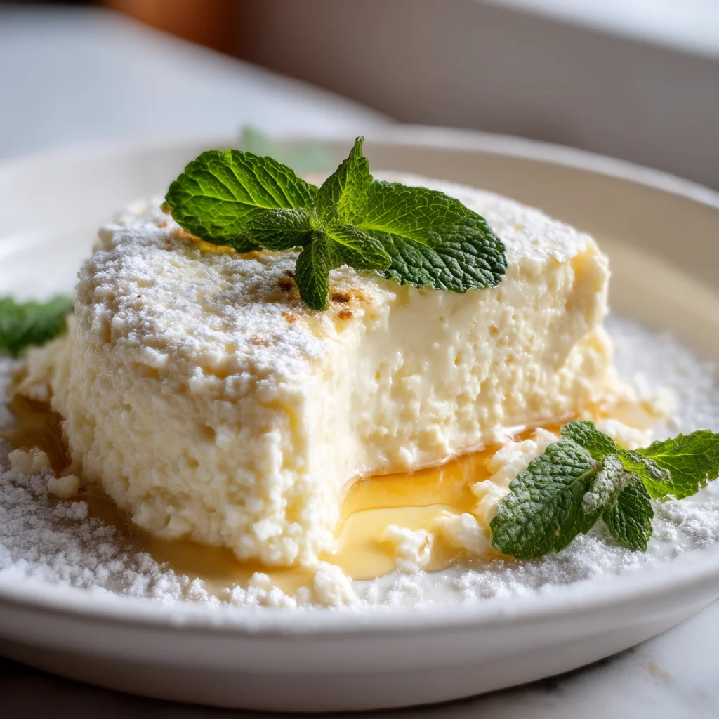 creamy vanilla cottage cheese pudding in a white ceramic baking dish with glossy texture and fresh vanilla bean specks