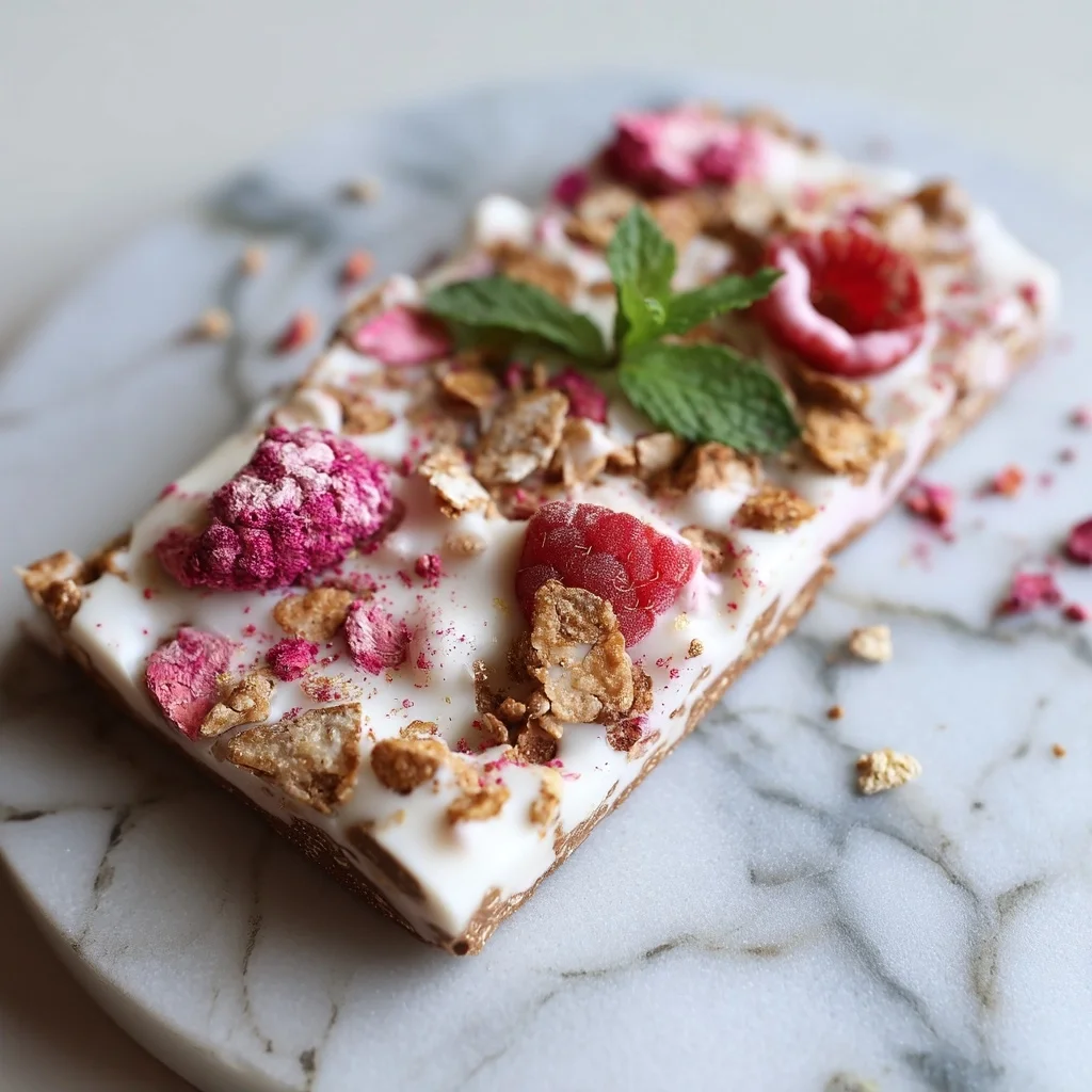 creamy frozen yogurt bark with swirls of berry sauce and crunchy granola clusters on a white ceramic tray