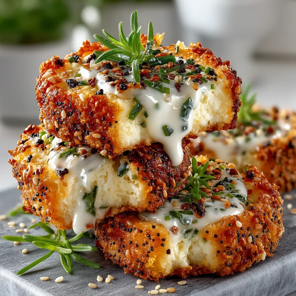 golden everything bagel cottage cheese crackers with sesame seeds and garlic flakes on rustic wooden board