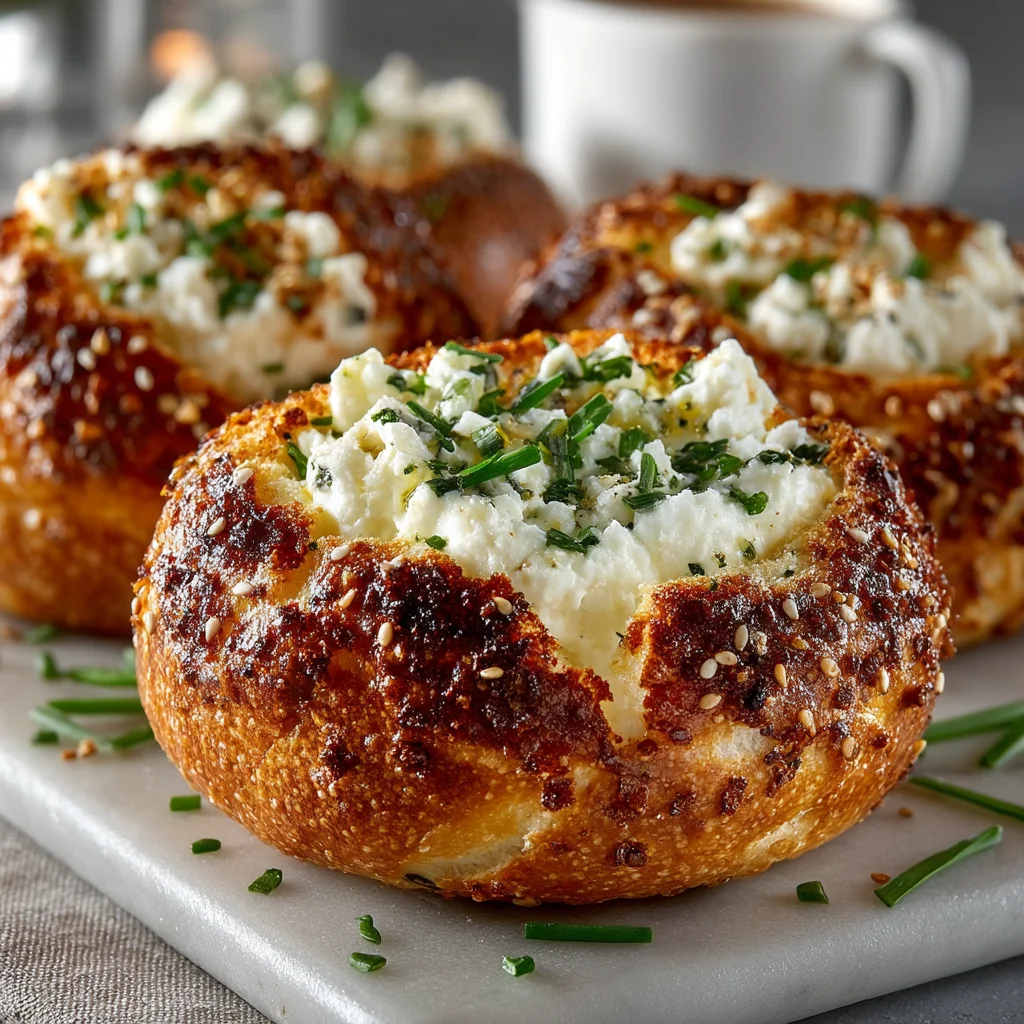 golden everything cottage cheese bagels with sesame seeds and garlic flakes on a rustic wooden board