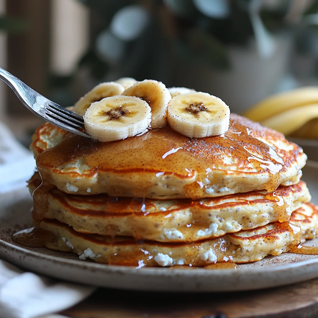 stack of golden fluffy banana cottage cheese pancakes with glossy syrup drizzle and fresh banana slices
