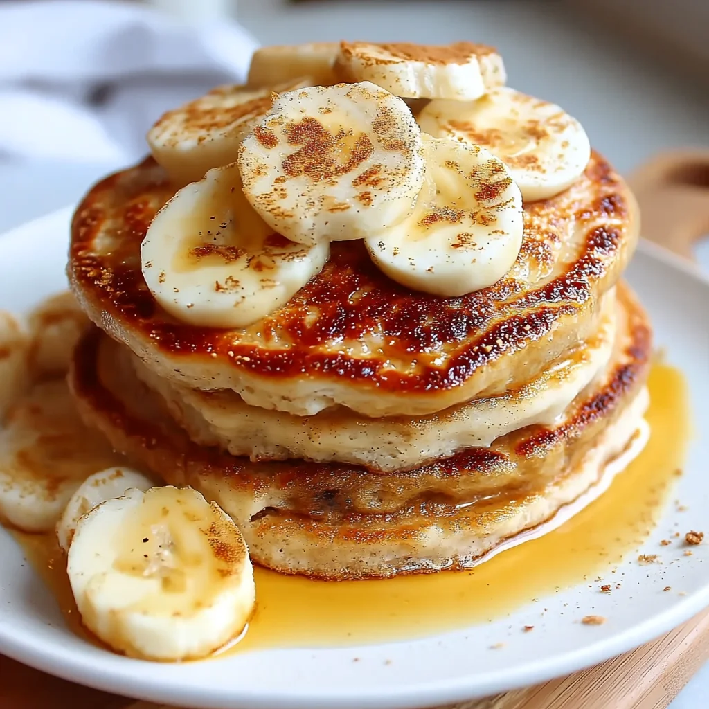 stack of fluffy banana protein pancakes with golden edges, drizzled with maple syrup and fresh banana slices