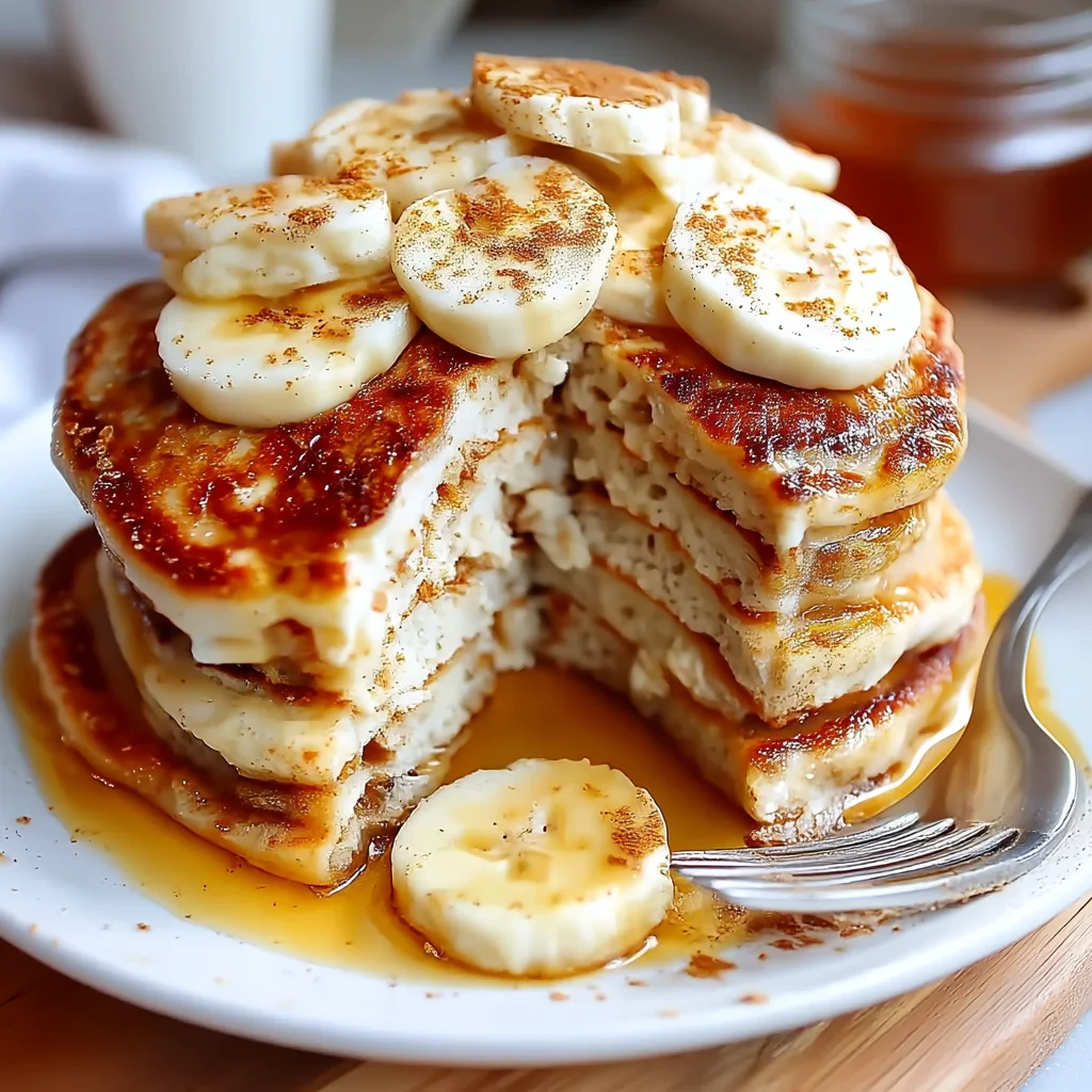 fluffy banana protein pancakes stacked high with golden edges, drizzled with maple syrup and topped with fresh banana slices