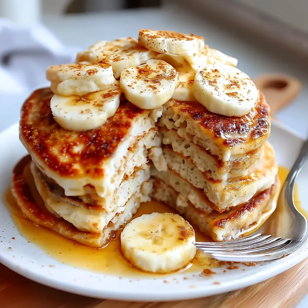 stack of fluffy banana protein pancakes drizzled with maple syrup and topped with fresh banana slices