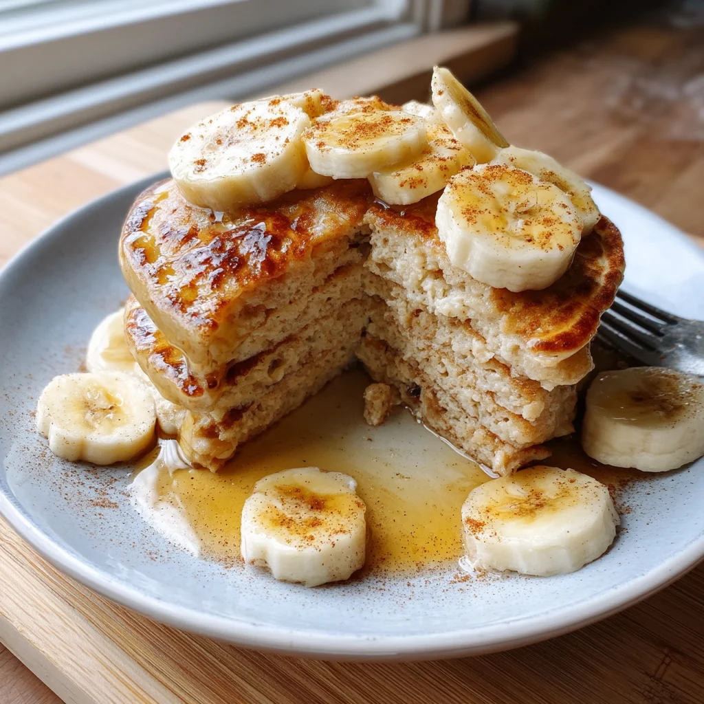 stack of fluffy banana protein pancakes drizzled with maple syrup and fresh banana slices on top