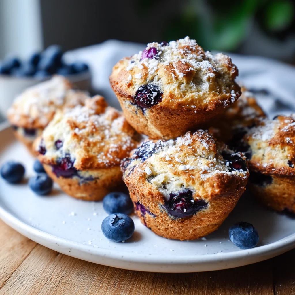 freshly baked blueberry protein muffins with golden tops, bursting blueberries, and a fluffy texture