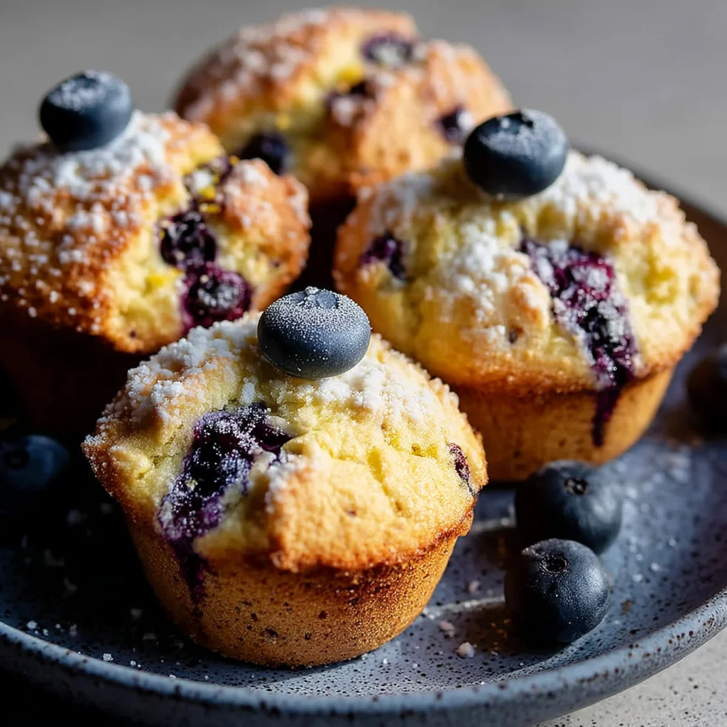 closeup of fluffy lemon blueberry muffins with golden tops, bursting blueberries, and lemon zest sprinkles