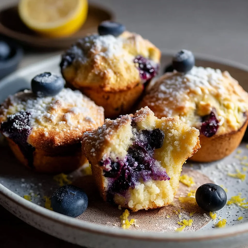 golden lemon blueberry muffins with cracked tops and juicy berries peeking through, dusted with powdered sugar