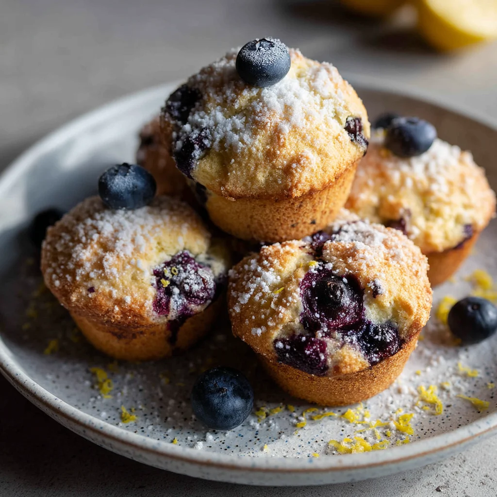 golden lemon blueberry muffins with cracked tops, bursting with juicy berries and citrus glaze