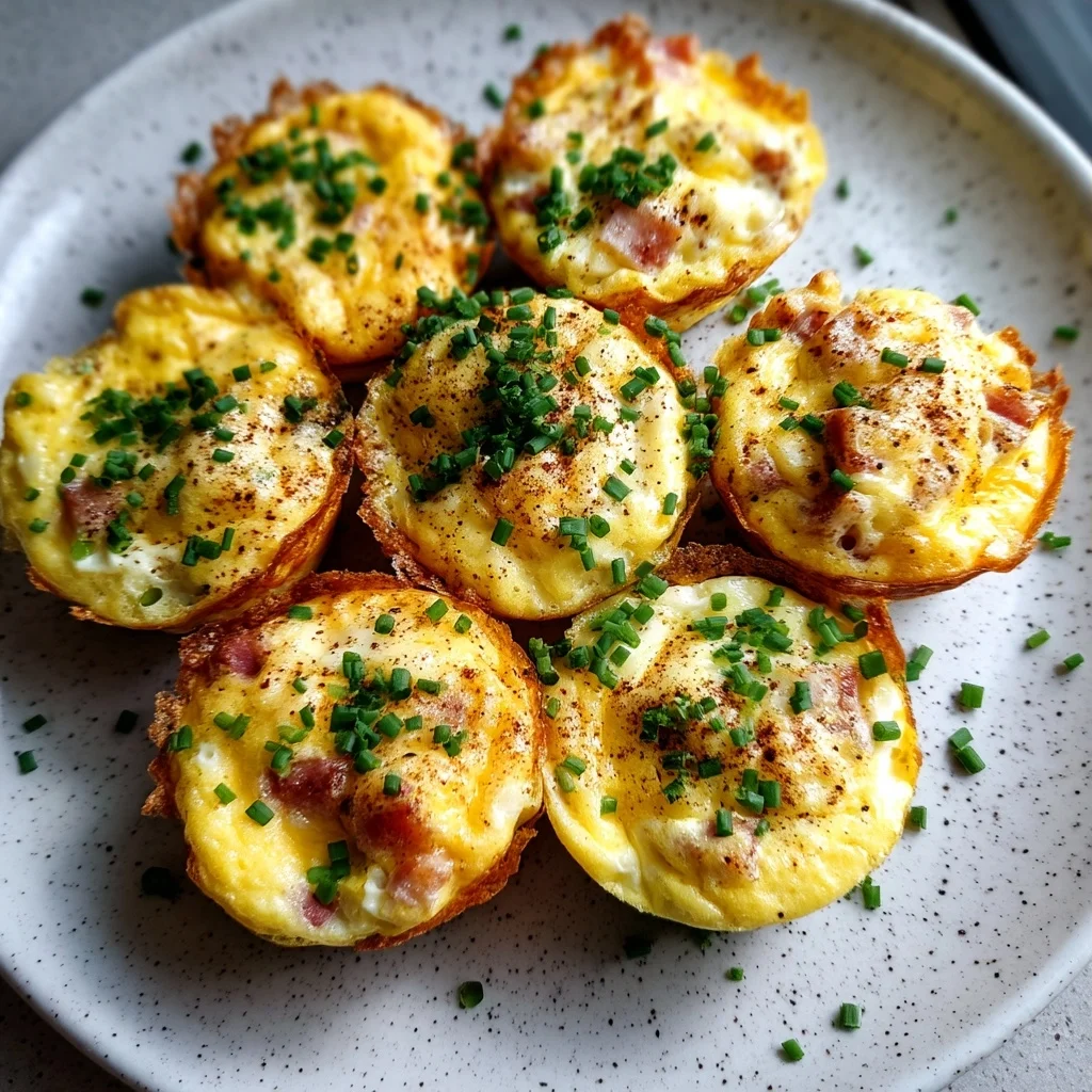 golden crustless mini quiche cups with melted cheese and fresh herbs in a white ceramic baking dish
