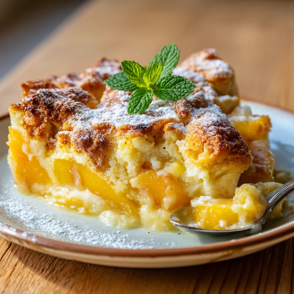 golden peach breakfast bake bubbling in a white ceramic dish with a glossy sauce and fresh peach slices