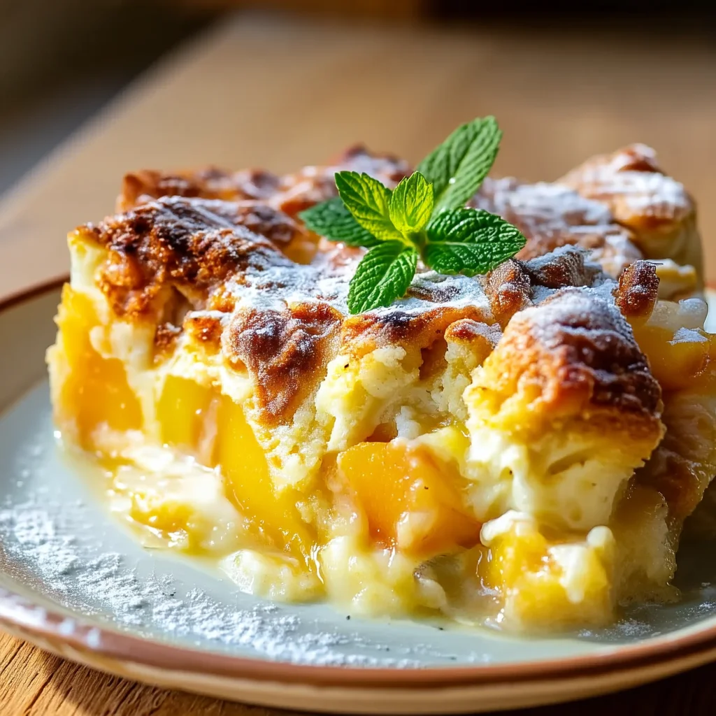 golden peach breakfast bake with creamy glaze in a white ceramic dish, fresh thyme garnish