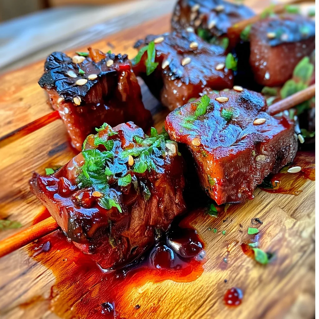 juicy grilled BBQ steak kebabs with charred edges and glistening sauce on skewers with colorful vegetables