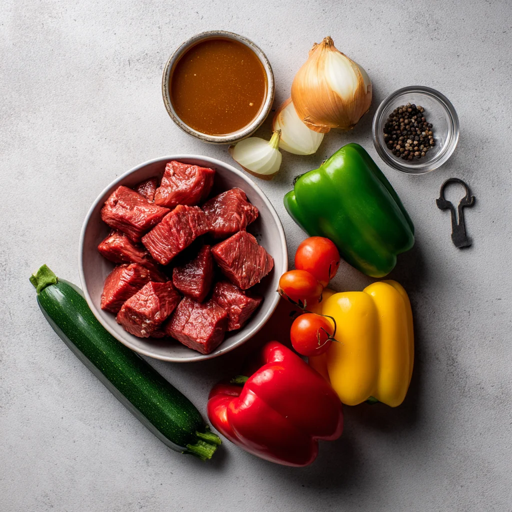 juicy grilled BBQ steak kebabs with charred edges and glistening sauce on skewers with colorful vegetables