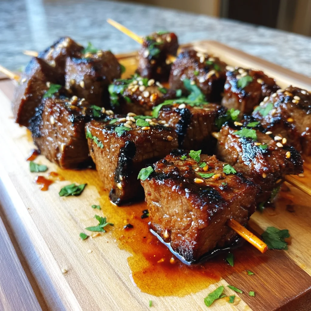 juicy grilled BBQ steak kebabs with charred edges and glossy sauce coating colorful vegetables on skewers