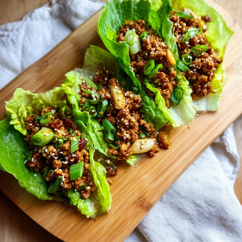 close-up of juicy ground turkey lettuce wraps with glossy sauce drizzle and fresh lettuce leaves