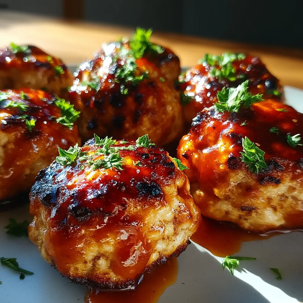 juicy high protein BBQ turkey meatballs glazed with sticky sauce in a white ceramic dish