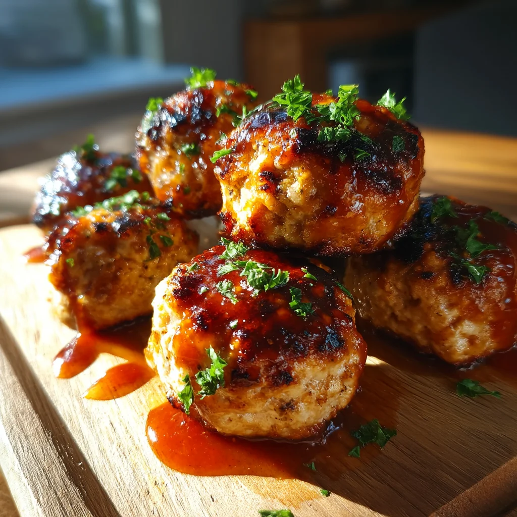 high protein BBQ turkey meatballs coated in glossy sauce, served in a white ceramic dish with golden roasted edges and fresh