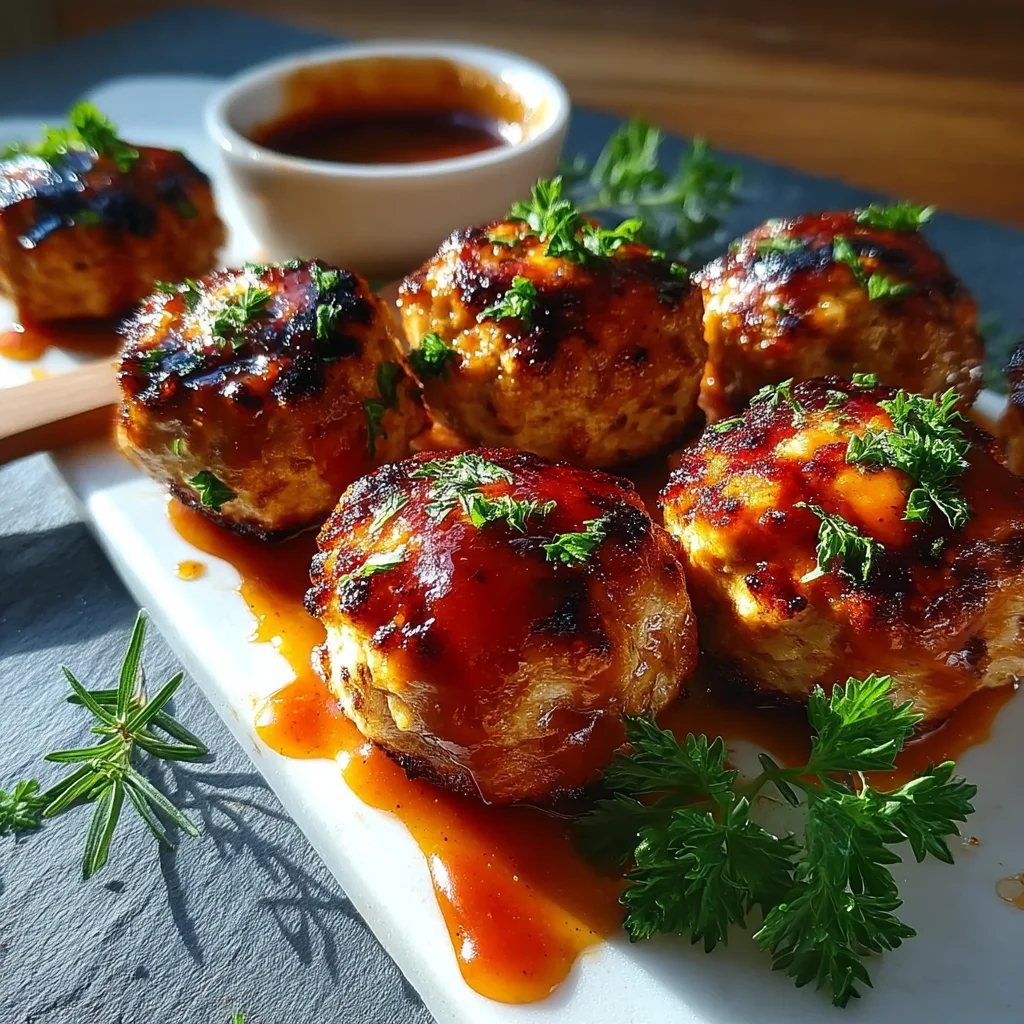 High protein BBQ turkey meatballs coated in glossy sauce, sprinkled with fresh herbs, served in a white ceramic dish