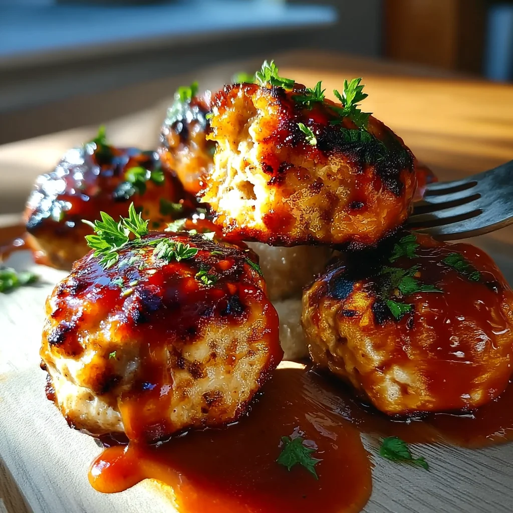 juicy high protein BBQ turkey meatballs glazed with sticky sauce in white ceramic dish