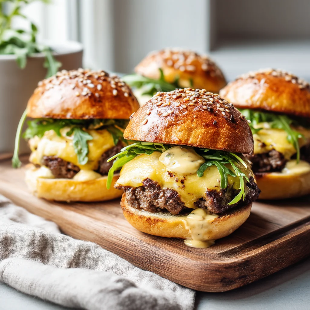 juicy high protein beef sliders with melted cheese on toasted brioche buns, fresh lettuce and special sauce dripping