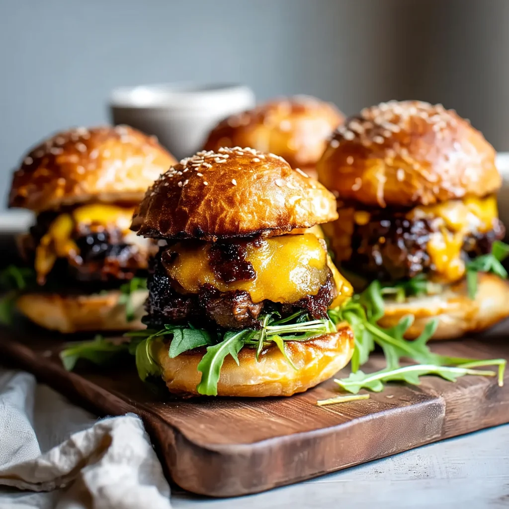 juicy high protein beef sliders with melted cheese and glossy sauce on toasted buns