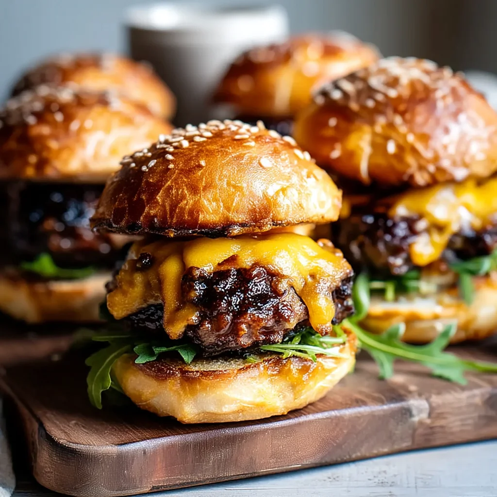 juicy high protein beef sliders with melted cheese and caramelized onions on toasted brioche buns