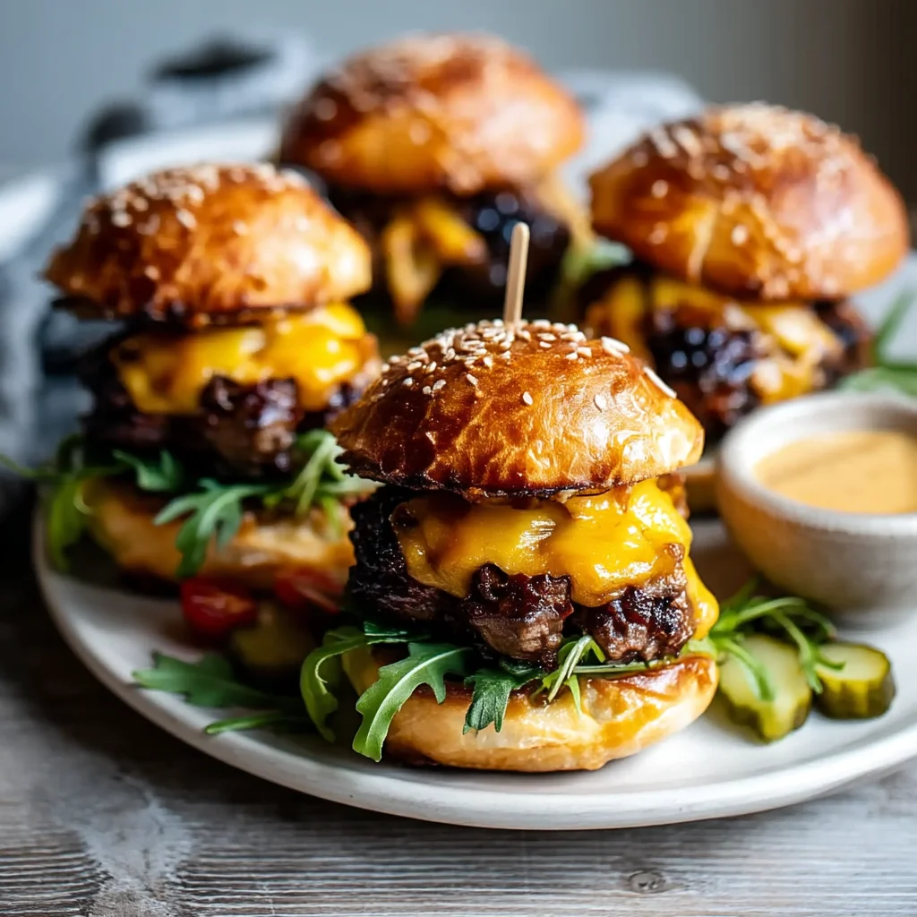 juicy high protein beef sliders with melted cheese and caramelized onions on toasted brioche buns