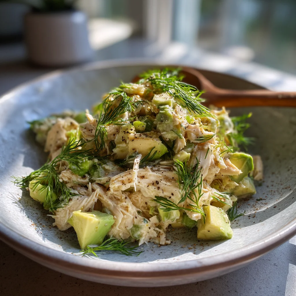 creamy high protein chicken salad with golden roasted edges and fresh herbs