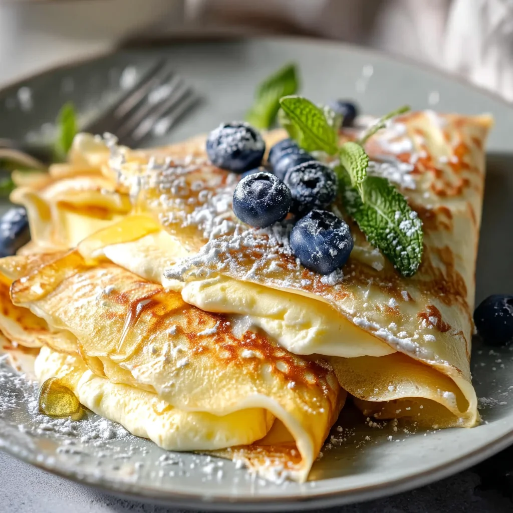 golden high protein cottage cheese crepes with glossy sauce dripping, fresh herbs on rustic white plate
