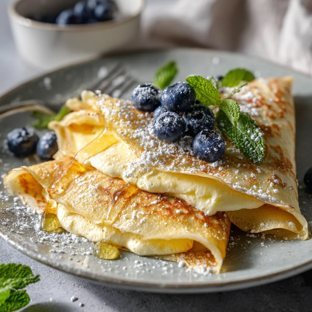 golden high protein cottage cheese crepes with glossy sauce and fresh herbs, perfect for a healthy breakfast