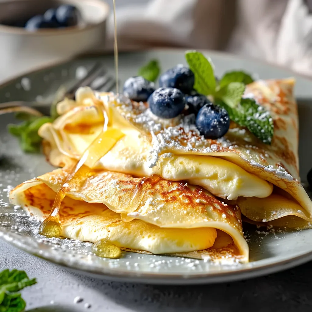 golden high protein cottage cheese crepes with glossy sauce drizzle and fresh herb garnish on white ceramic plate