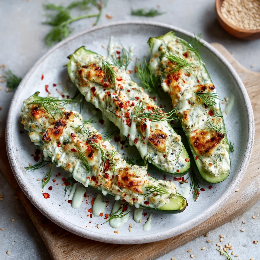 healthy high protein cucumber boats filled with creamy toppings, fresh herbs, and vibrant vegetables