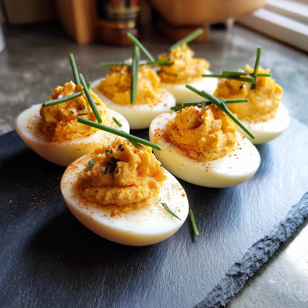 creamy high protein deviled eggs with glossy filling, sprinkled with fresh herbs on a white ceramic dish