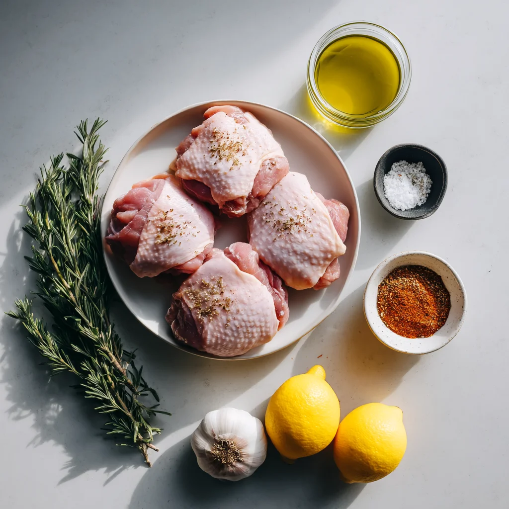 juicy grilled chicken thighs with golden crispy skin and fresh herbs, served in a white ceramic dish