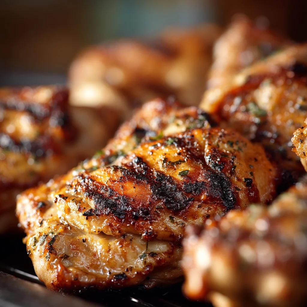 closeup of juicy grilled chicken thighs coated in glossy sauce with golden edges, served with roasted potatoes