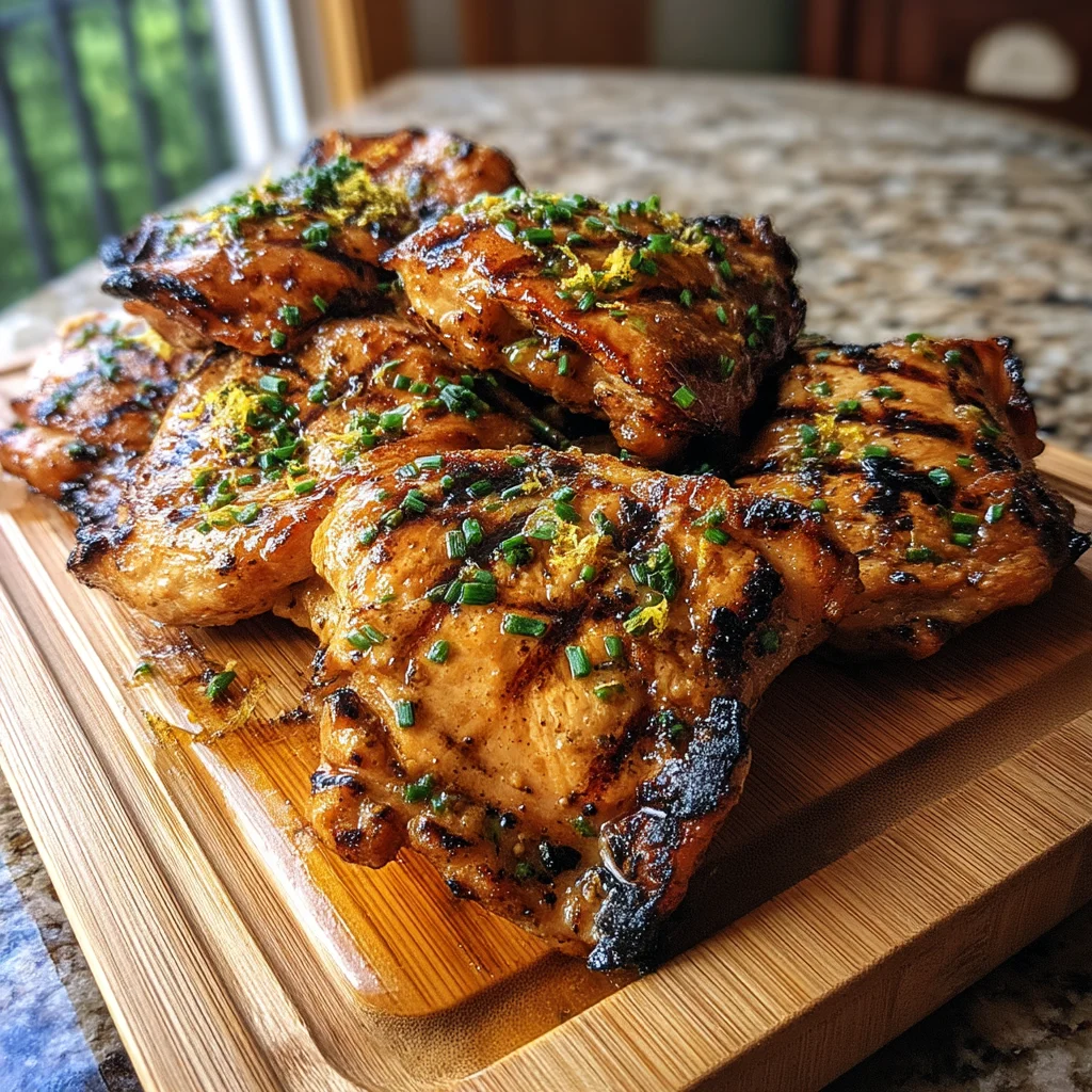 juicy high protein grilled chicken thighs with golden crispy skin and fresh herbs on a white ceramic plate
