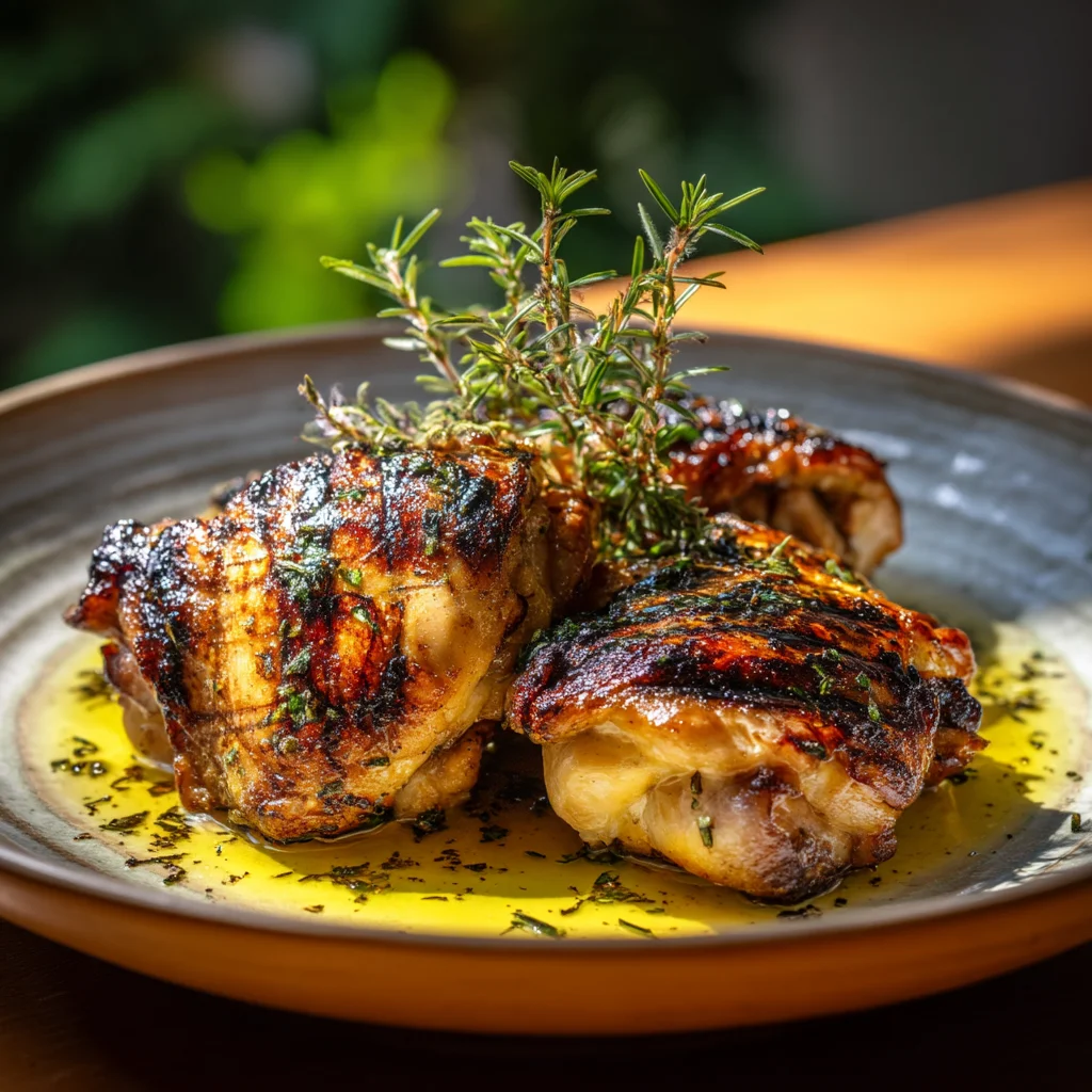 juicy high protein grilled chicken thighs with golden crispy skin and fresh herbs on rustic wooden board