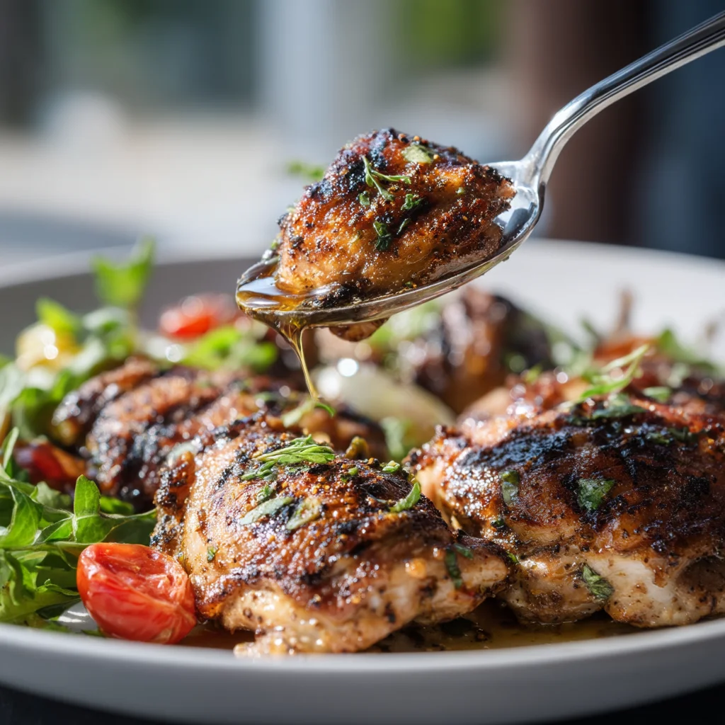 juicy high protein grilled chicken thighs with golden crispy skin and fresh herbs on a white plate