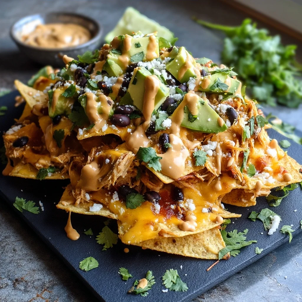 Loaded nachos with melted cheese, black beans, grilled chicken, and fresh toppings in a white ceramic dish