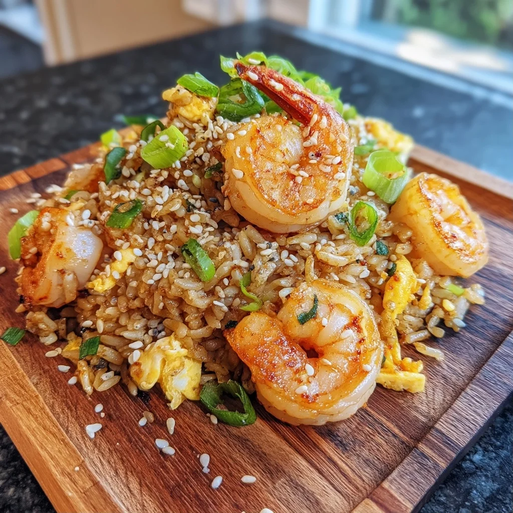 high protein shrimp fried rice with golden roasted edges and glossy sauce coating the rice and shrimp
